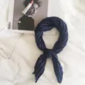 Dark blue pleated imitation silk small neckerchief, elegant solid color square scarf for women. - Navy Blue