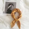Yellow pleated silk-feel small scarf, trendy Korean style solid color neckerchief for women. - Gold