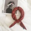 Pleated satin neck scarf, elegant solid color vintage square scarf for women and spring styling. - Caramel color