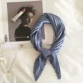 Blue pleated silk feel scarf elegant solid color neckerchief small square scarf chic accessory - Blue