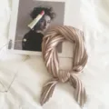 Pleated satin silk scarf for women, elegant solid color square neckerchief for spring. - Khaki