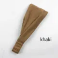 Detail view of the khaki solid color elastic pleated headband, perfect for yoga and daily use. - Khaki