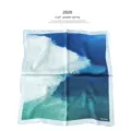 Luxury silk square scarf with artistic blue ocean wave print, elegant neckerchief for women. - C409