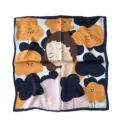 Close-up detail of the artistic illustrated mulberry silk small square scarf pattern. - Navy Blue