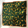 Green silk square scarf with orange koi fish pattern, elegant mulberry silk neckerchief. - Fish
