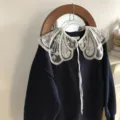 Dark blue sweatshirt featuring a delicate white lace embroidered detachable doll collar. - Heavy Craftsmanship