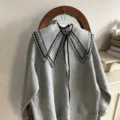 Detachable lace embroidered doll collar layered with classic grey sweatshirt for women daily wear. - Ethereal Black Gauze