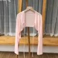 Close-up detail view of the pink ice silk sun protection bolero shrug, lightweight fabric. - Tops / Pink