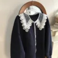 Detachable white lace doll collar matched with dark blue sweatshirt, chic sweet style. - Sheer Double Layered