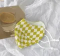 Yellow white checkered sun protection face mask with adjustable ear loops for women summer. - Yellow
