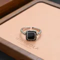 Vintage black gemstone silver ring, retro textured adjustable open finger ring for women. - Black Gemstone Carved Style (JZ0150)