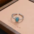 Turquoise open ring vintage silver geometric adjustable finger jewelry accessory - Segmented Texture Blue Turquoise Style (JZ0280)