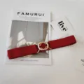 Women red elastic waist belt with gold interlocking metal buckle stylish dress cincher - Red