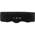 Women black wide elastic waist belt with round buckle for sweater trench coat dress fashion. - Black