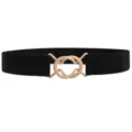 Women black elastic waist belt with metal interlocking ring buckle for dress coat sweater - Black