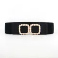 Black wide elastic belt with pearl square buckle for women dress coat fashion accessory. - Black
