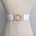 Women white elastic waist belt with gold interlocking ring metal buckle dress dress waistband - White