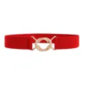 Red elastic waist belt with gold interlocking metal buckle for women, stylish coat accessory. - Red
