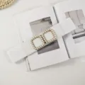 White elastic waist belt with double pearl square buckle, elegant women's decorative accessory. - White