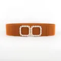 Brown wide elastic waist belt for women with double square pearl buckles for dresses. - Camel