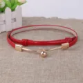 Red thin leather women dress belt with elegant gold metal clasp for stylish waist decoration. - Gold Button (Red)