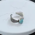 Vintage turquoise open ring for women, carved scroll pattern silver adjustable finger ring. - Square Artificial Turquoise Arabesque Style (JZ0282)