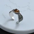 Vintage Ethnic Square Stone Open Ring, Silver Vintage Carved Ring Variant SKU Display - Square Brown Gemstone Vintage Carved Style (JZ0281)