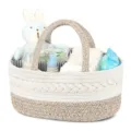Detailansicht des gewebten Baumwollseil Baby Windel Caddy Organizers mit Fächern und Zubehör - Geflochtener Griff (Graues Futter) / 36*22*17cm / Weiß und Braun