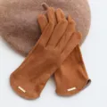 Brown faux suede warm winter gloves for women, stylish windproof fleece lined gloves. - 19x8x22cm / Caramel color