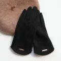 Black faux suede winter warm gloves with metal detail, soft plush lining for daily commute. - 19x8x22cm / Black