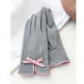 Grey faux suede touchscreen gloves with pink bow detail, perfect for winter warmth and daily wear. - 19X8X23CM / Gray