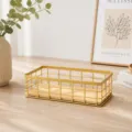 Gold wire storage basket with wooden base, metal desktop organizer for cosmetics and sundries. - L / 29x13x10cm / Gold