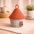 Cute cotton rope woven storage basket with lid house shaped desk organizer for home decor. - House / 17cm Diameter x 12cm Basket Height x 25cm Total Height / Orange Lid Light Gray Base