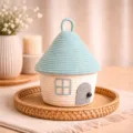 Cute house shaped cotton rope storage basket detail view with lid for desktop organization. - House / 17cm Diameter x 12cm Basket Height x 25cm Total Height / Cyan Lid White Base