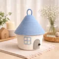 Cute house shaped cotton rope storage basket detail view with blue roof and white wall. - House / 17cm Diameter x 12cm Basket Height x 25cm Total Height / Sky Blue Lid White Base