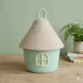 Panier de rangement en corde de coton en forme de maison avec couvercle, vue détaillée. - Couvercle Beige Base Cyan