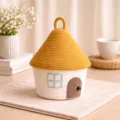 Panier de rangement mignon en corde de coton en forme de maison avec couvercle pour bureau. - Couvercle Gingembre Base Blanche