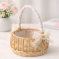 Wicker flower basket with lace bow and pearls, handmade rattan wedding basket for rustic decor. - Diameter 15cm / Luxury Pearl Beige Double Bow (Small)