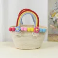 Hand woven cotton rope basket bag with colorful rainbow handles and puffy balls. - L / Beige Red Handle