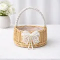 Pastoral woven flower basket with lace bow and pearl, rattan wicker storage and photo prop. - 20cm Diameter / White Lace Pearl Bow (Large)