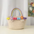 Handmade woven straw beach handbag for women with colorful pom pom and rainbow handle. - L / Beige Purple Handle