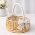 Pastoral Wicker Flower Basket Lace Bow Rattan Storage Basket Wedding Flower Girl Picnic Basket - 20cm Diameter / White Lace Double Bow (Large)