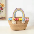 Woven straw beach bag with colorful handmade crochet handles, cute pom-poms and floral decorations. - L / Khaki
