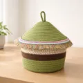 Cotton woven storage basket with lid, green decorative fringe container organizer - Dia 24.5*Basket H 13.5*Total H 23.5 / Grass Green Base - Colorful Tassels
