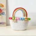 White woven handbag with colorful rainbow handle and pom pom decor for beach casual daily use - L / White