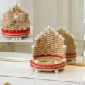 Soporte De Telefono Movil De Cuerda De Yute Perla Hecho A Mano Variante Beige Y Rojo - Estilo Lazo de Perlas de Rayas Rojas / Diámetro 10 Altura 14