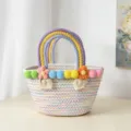 Woven Cotton Handbag Colorful Rainbow Handle Pom-Pom Decor Variant Summer Beach Bag - L / White with Colored Lines