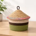 Handmade woven storage basket with lid, cotton rope and straw organizer for home decor. - Dia 24.5*Basket H 13.5*Total H 23.5 / Grass Green Base - Ethnic Woven Edge