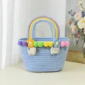 Blue cotton woven handbag with rainbow handles and colorful pom pom flowers for women beach. - L / Blue