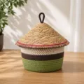 Handmade woven storage basket with lid, cotton rope and straw organizer box for home. - Dia 24.5*Basket H 13.5*Total H 23.5 / Grass Green Base - Classic Red Edge